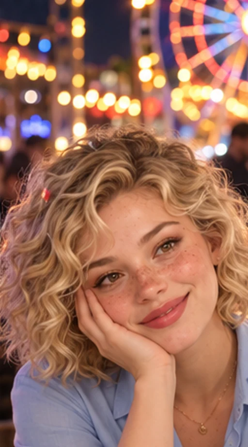 Georgia smiling beneath the fairground lights