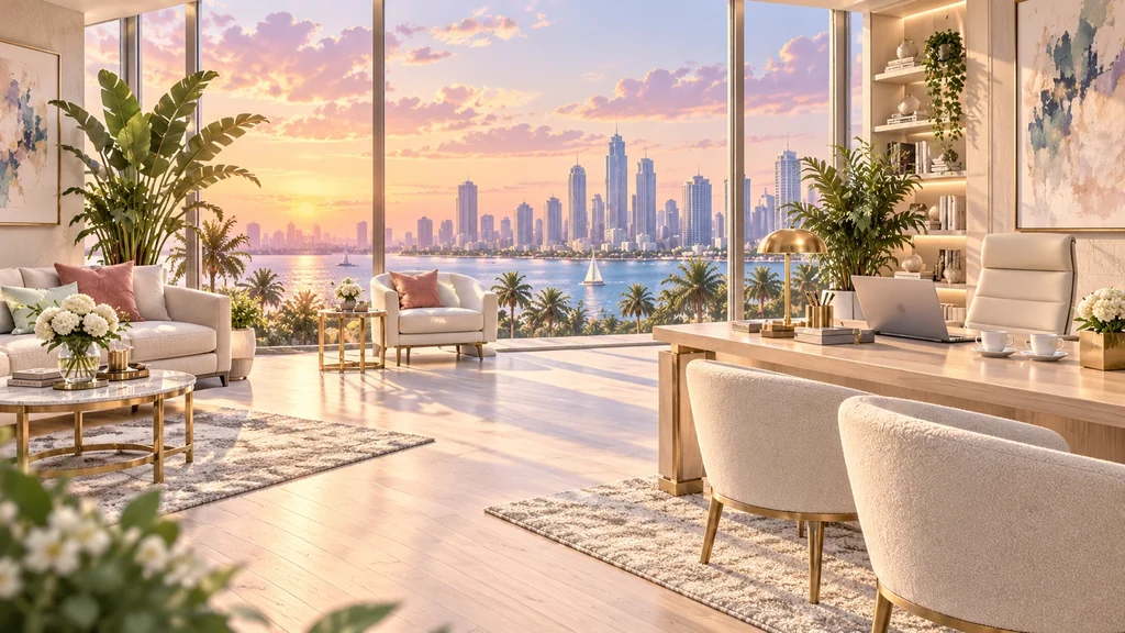 The game's executive office, overlooking the city in warm evening light
