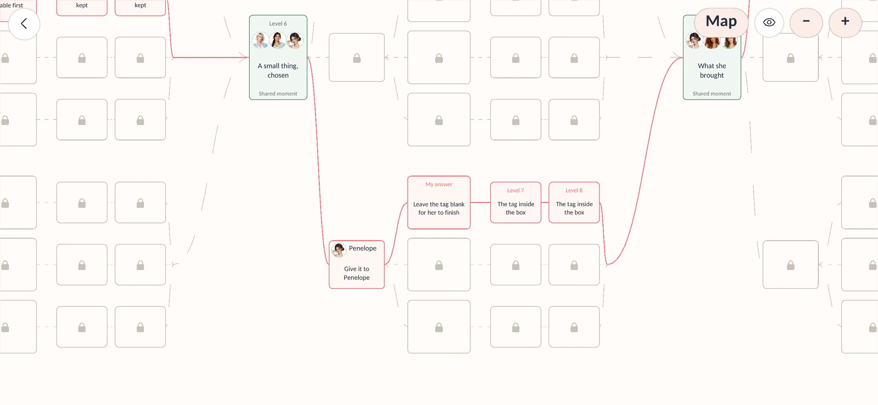 The actual branching Story Path map, with connected chapter nodes and locked undiscovered routes